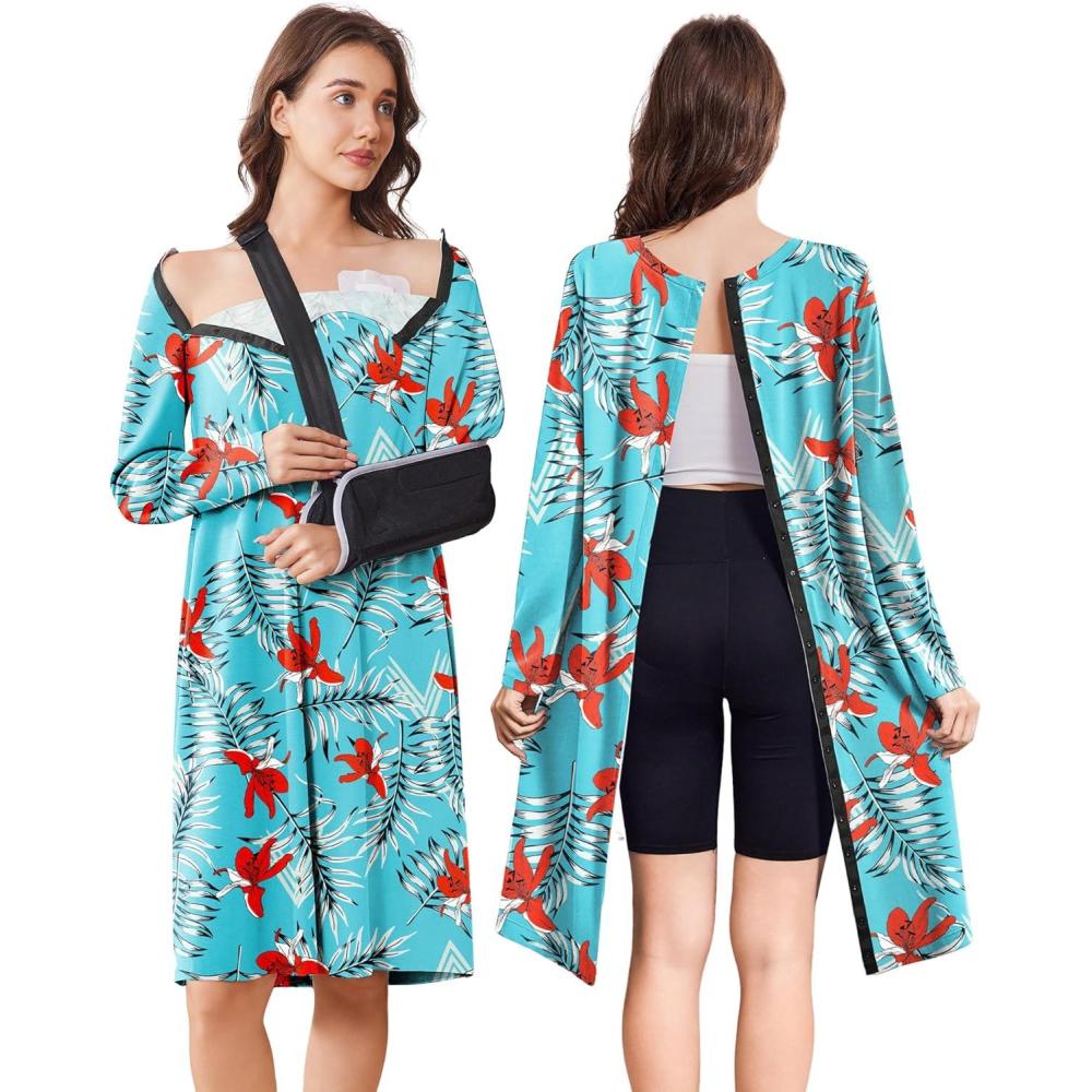 imageDeyeek Open Back Hospital Gowns for Women Post Shoulder Surgery Tear Away Snap Chemo Port Adaptive Clothing with PocketsGreen Print