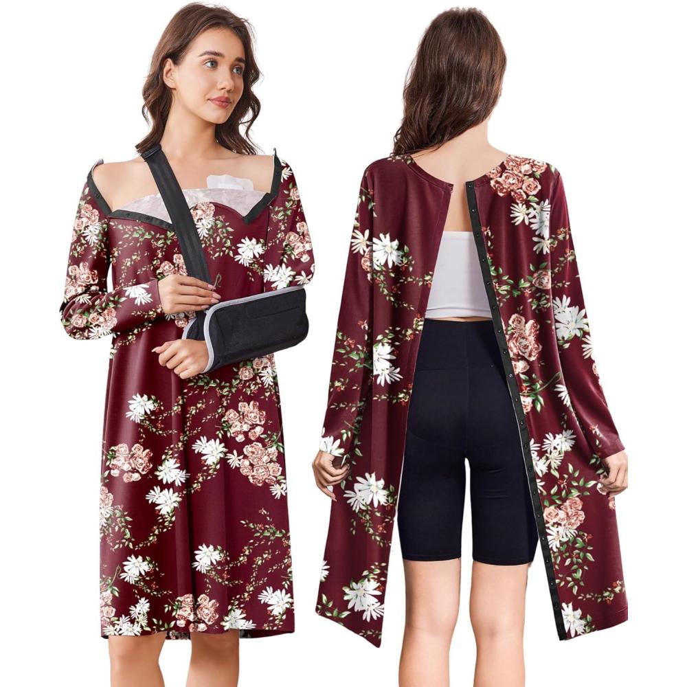 imageDeyeek Open Back Hospital Gowns for Women Post Shoulder Surgery Tear Away Snap Chemo Port Adaptive Clothing with PocketsRed Print