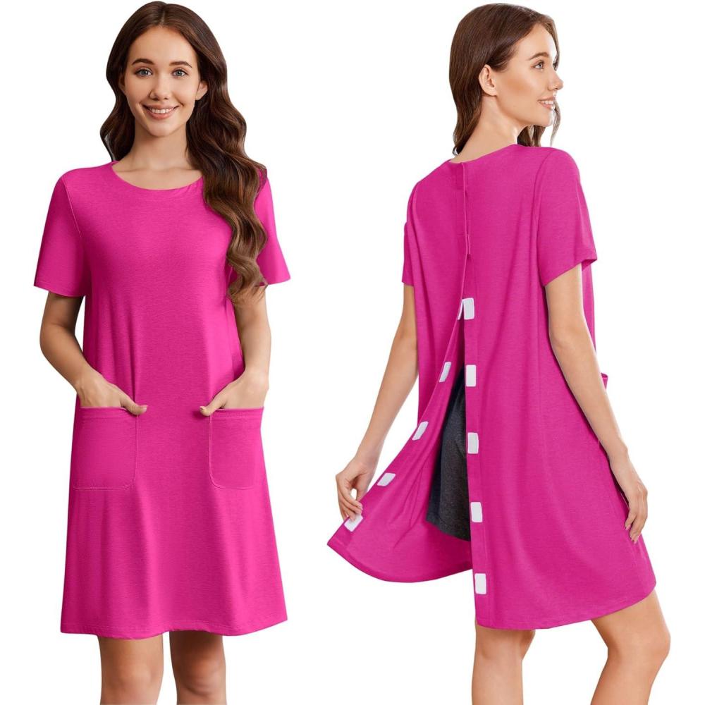 imageDeyeek Open Back Hospital Gowns for Women Tear Away Short Sleeve Post Surgery Soft Nightgowns for Elderly Women With PocketRose Red
