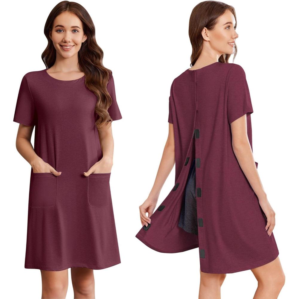 imageDeyeek Open Back Hospital Gowns for Women Tear Away Short Sleeve Post Surgery Soft Nightgowns for Elderly Women With PocketWine Red