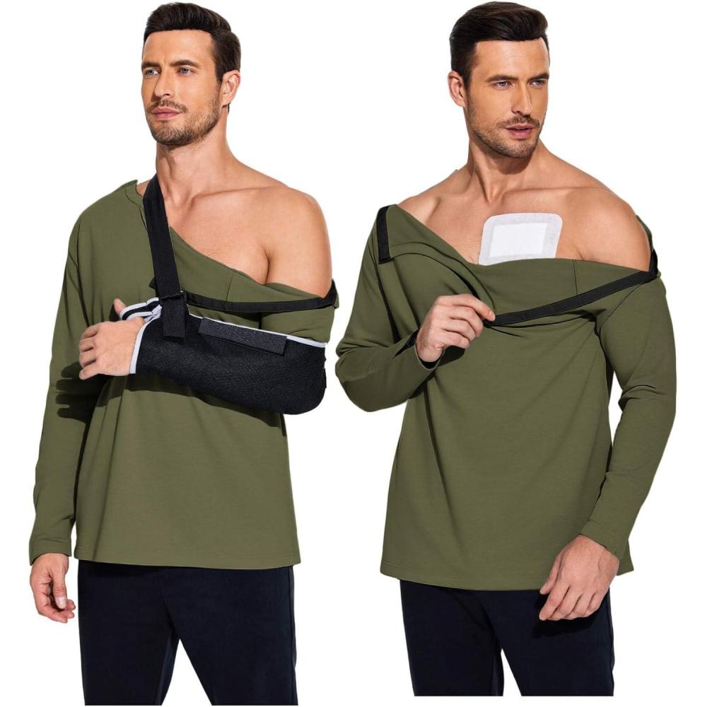 imageDeyeek Post Shoulder Surgery Recovery Shirts for Men Chemo Port Access Top Snap Full Tear Away Long SleeveArmy Green