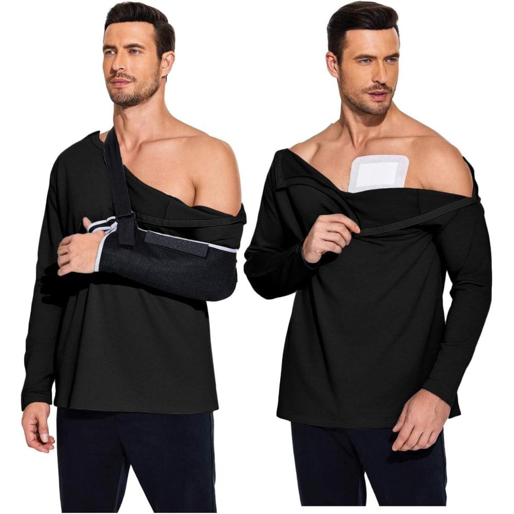 imageDeyeek Post Shoulder Surgery Recovery Shirts for Men Chemo Port Access Top Snap Full Tear Away Long SleeveBlack
