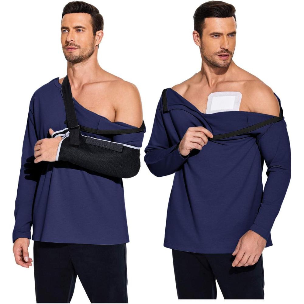 imageDeyeek Post Shoulder Surgery Recovery Shirts for Men Chemo Port Access Top Snap Full Tear Away Long SleeveNavy