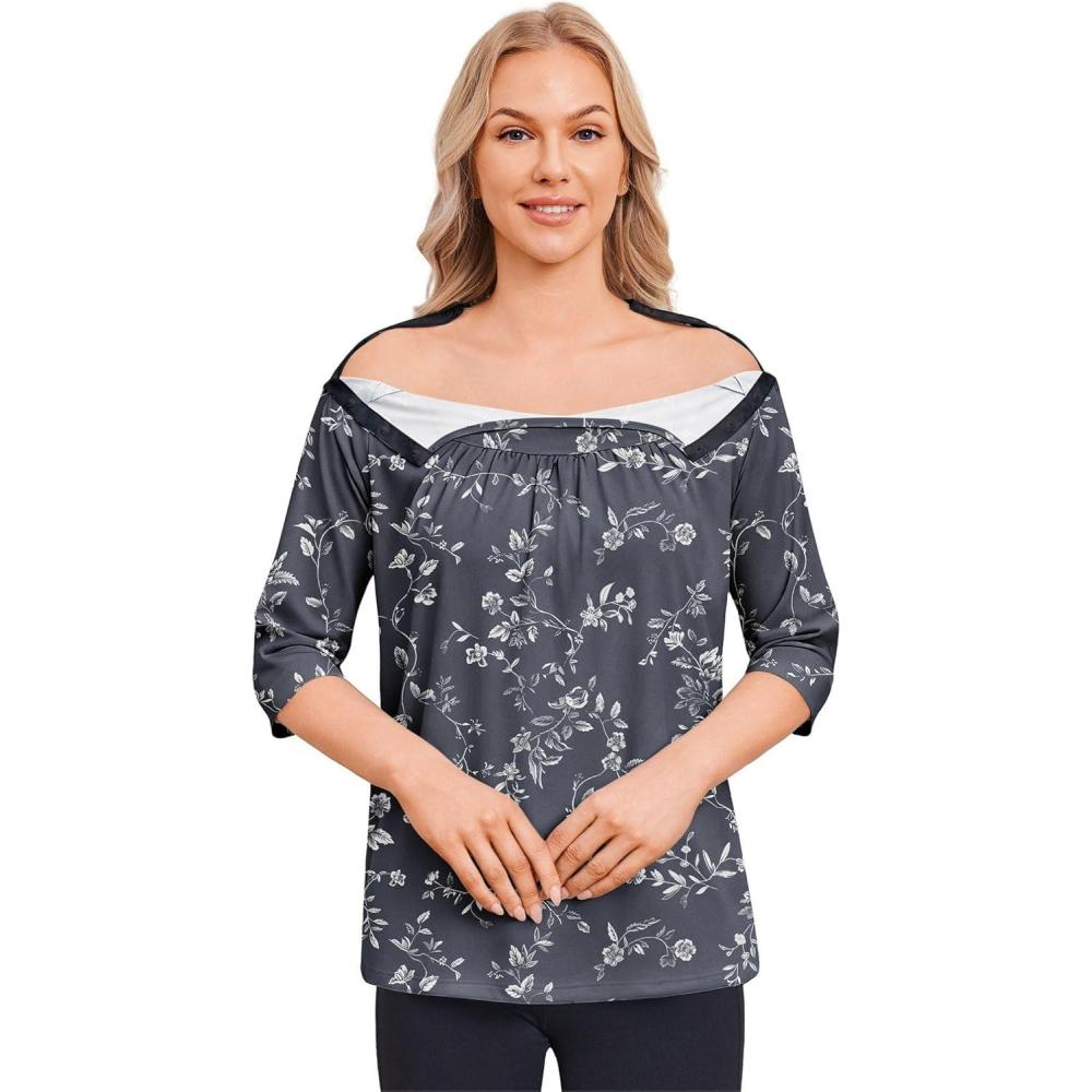 imageDeyeek Post Shoulder Surgery Shirt for Women Chemo Tear Away Shirt Snap Button 34 Sleeve Recovery Adaptive ClothingBlack Print