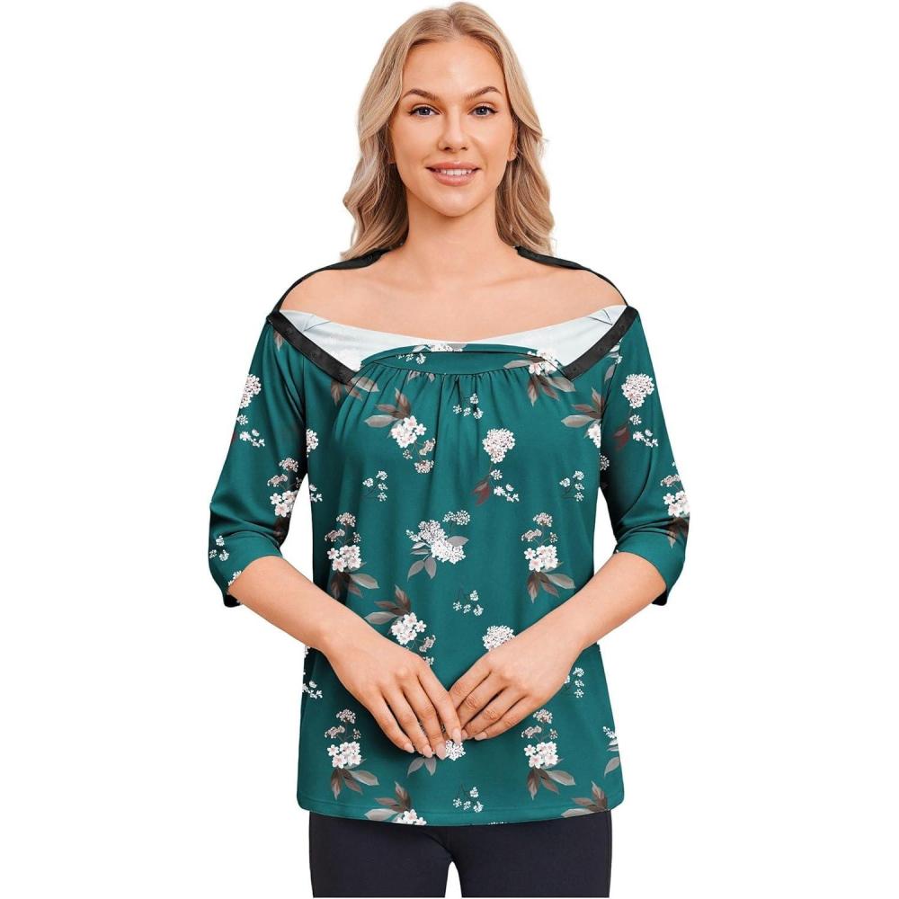 imageDeyeek Post Shoulder Surgery Shirt for Women Chemo Tear Away Shirt Snap Button 34 Sleeve Recovery Adaptive ClothingDark Green Print