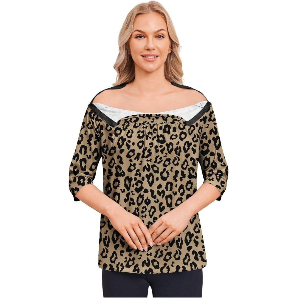 imageDeyeek Post Shoulder Surgery Shirt for Women Chemo Tear Away Shirt Snap Button 34 Sleeve Recovery Adaptive ClothingLeopard Print