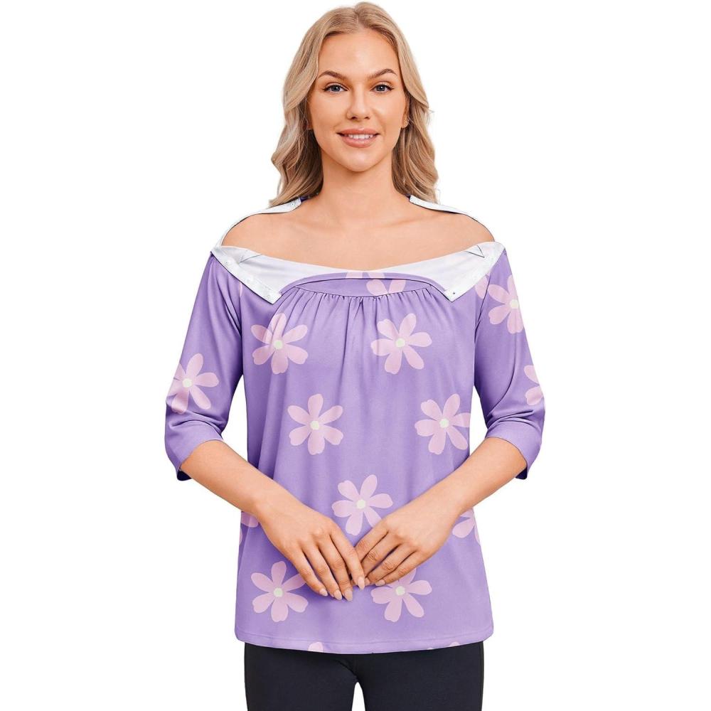 imageDeyeek Post Shoulder Surgery Shirt for Women Chemo Tear Away Shirt Snap Button 34 Sleeve Recovery Adaptive ClothingPurple Print