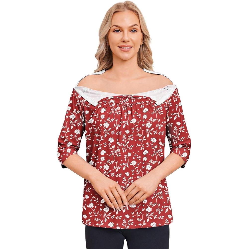 imageDeyeek Post Shoulder Surgery Shirt for Women Chemo Tear Away Shirt Snap Button 34 Sleeve Recovery Adaptive ClothingRed Print