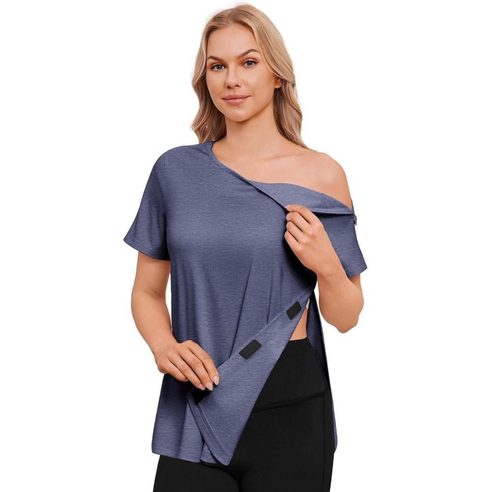 imageDeyeek Post Shoulder Surgery Shirts for Women Chemo Dialysis Port with 2 Shoulder Half Zippers After Rotator Cuff TopsBlue Purple