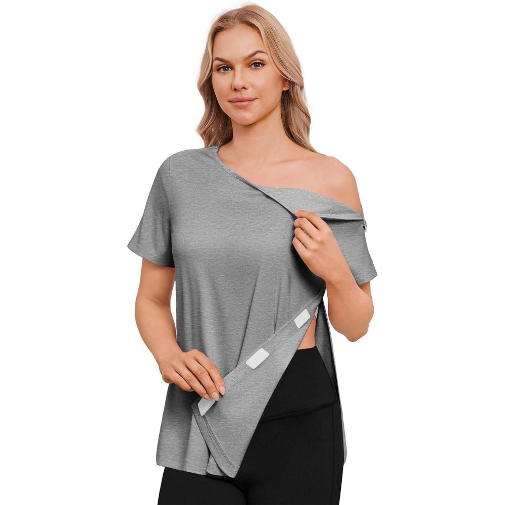 imageDeyeek Post Shoulder Surgery Shirts for Women Chemo Dialysis Port with 2 Shoulder Half Zippers After Rotator Cuff TopsLight Gray