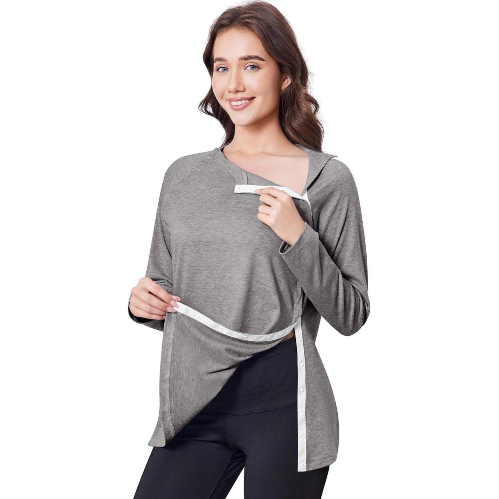 imageDeyeek Post Shoulder Surgery Shirts for Women Full Tear Away 2 Side Snaps After Rotator Cuff Chemo Port Adaptive ClothingLight Gray