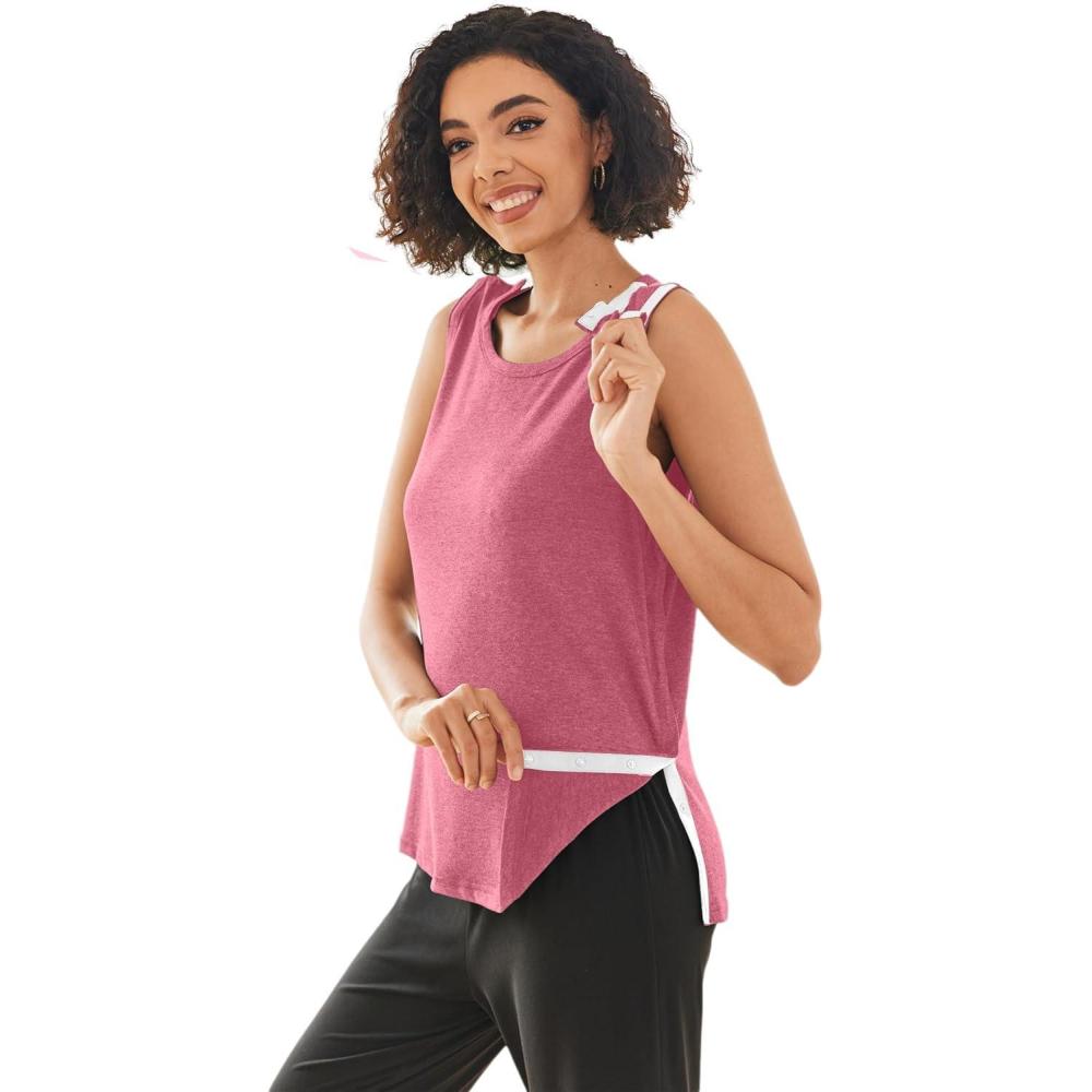 imageDeyeek Post Shoulder Surgery Shirts for Women Tear Away Snap Button Rotator Cuff Shirt Mastectomy Chemo Port Access Tank TopsRed