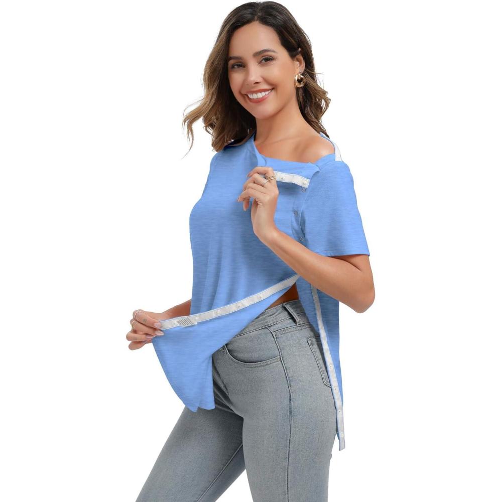 imageDeyeek Post Surgery Shirts Women Shoulder Recovery Tear Away Chemo Port Access Rotator Cuff Rehab Adaptive Clothing HospitalBlue