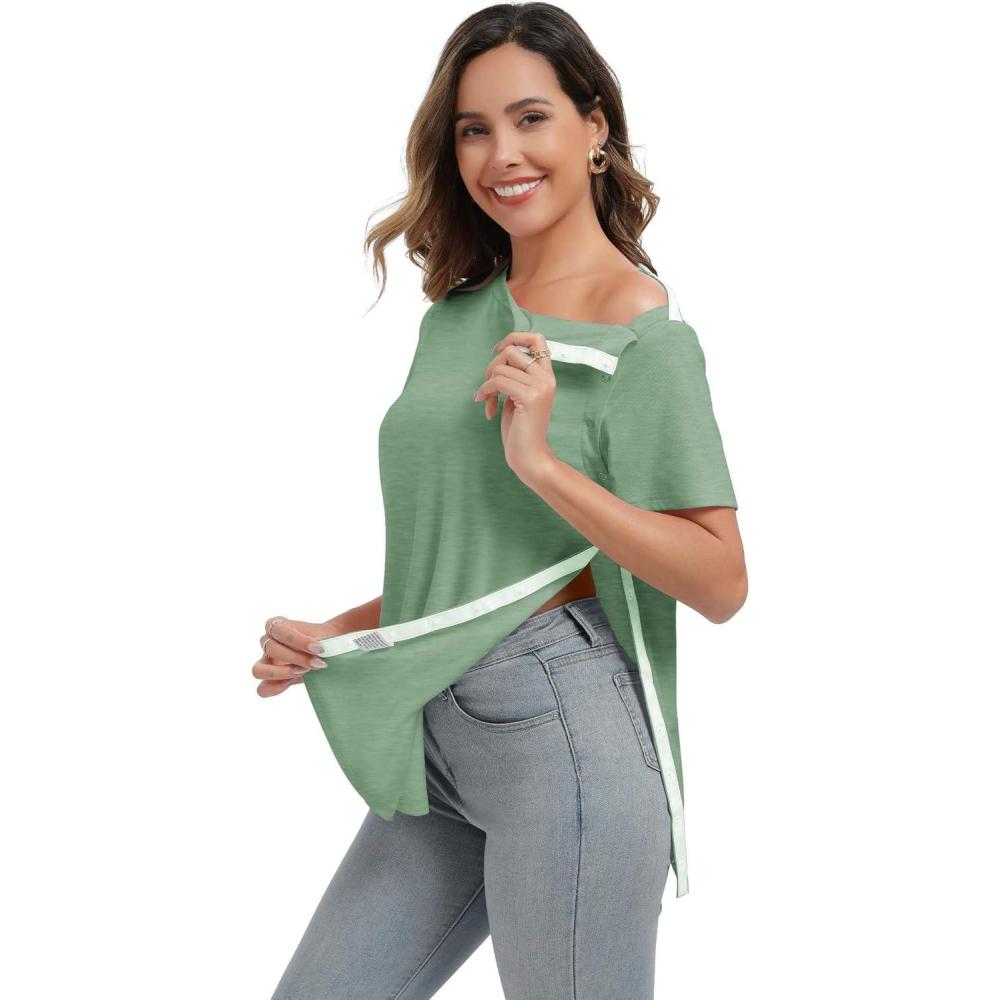 imageDeyeek Post Surgery Shirts Women Shoulder Recovery Tear Away Chemo Port Access Rotator Cuff Rehab Adaptive Clothing HospitalLight Green