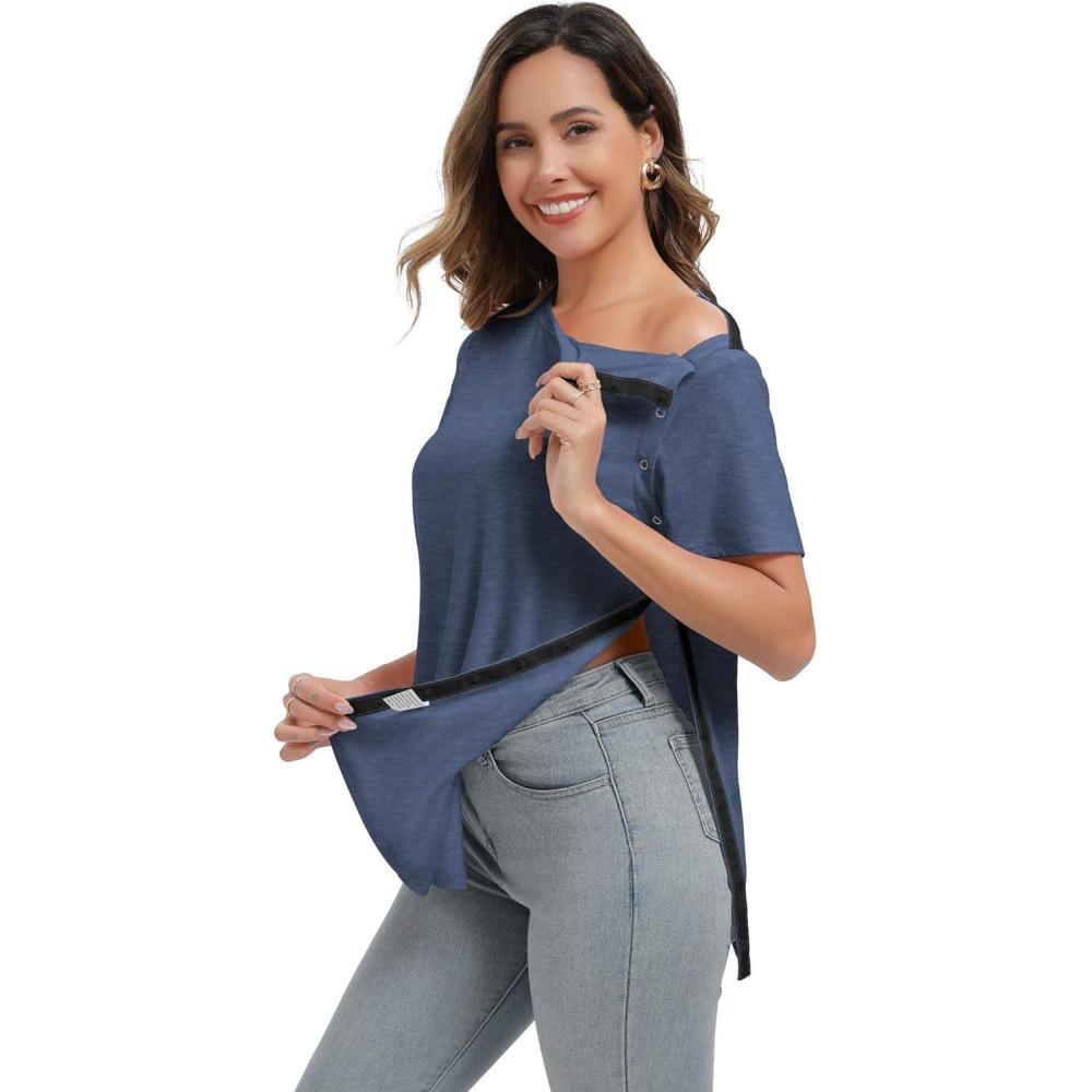 imageDeyeek Post Surgery Shirts Women Shoulder Recovery Tear Away Chemo Port Access Rotator Cuff Rehab Adaptive Clothing HospitalNavy