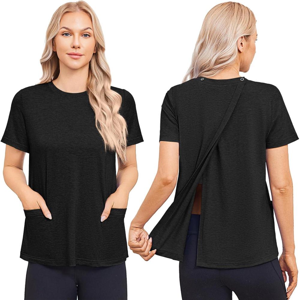 imageDeyeek Post Surgery Shirts for Women Tear Away Snap Open Back Top Hospital Shirts Short Sleeve Adaptive Clothing with PocketsBlack