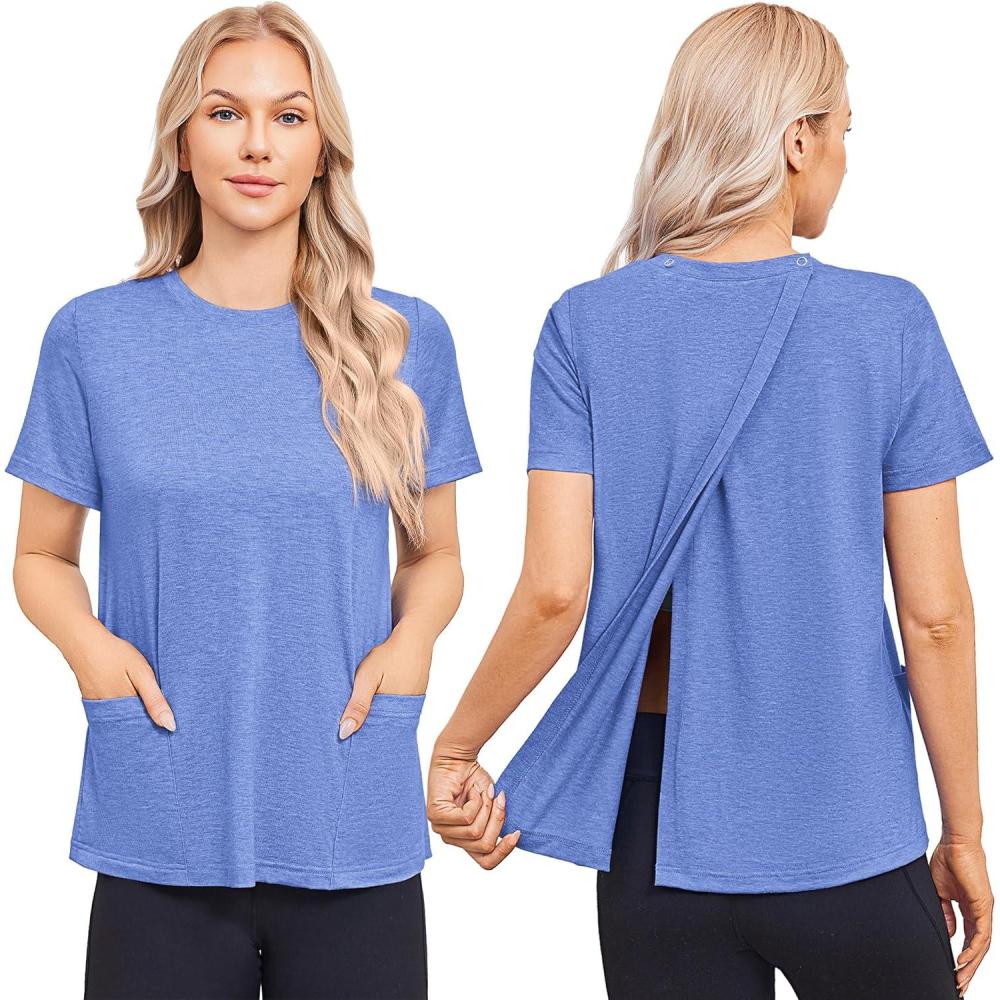 imageDeyeek Post Surgery Shirts for Women Tear Away Snap Open Back Top Hospital Shirts Short Sleeve Adaptive Clothing with PocketsBlue