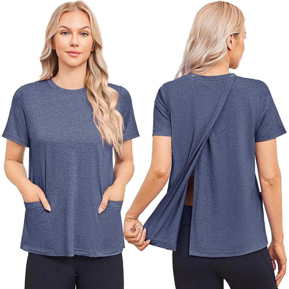 imageDeyeek Post Surgery Shirts for Women Tear Away Snap Open Back Top Hospital Shirts Short Sleeve Adaptive Clothing with PocketsBlue Purple