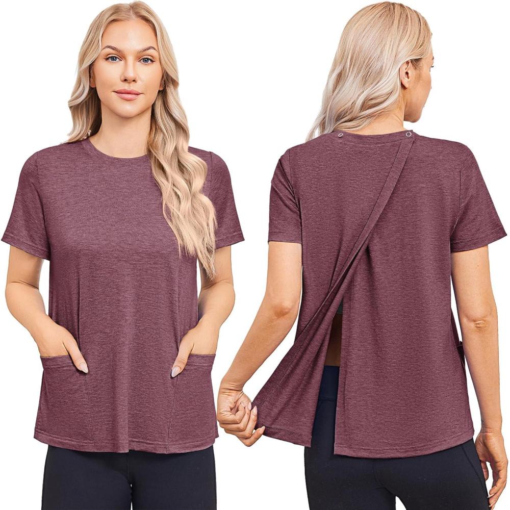 imageDeyeek Post Surgery Shirts for Women Tear Away Snap Open Back Top Hospital Shirts Short Sleeve Adaptive Clothing with PocketsBurgundy