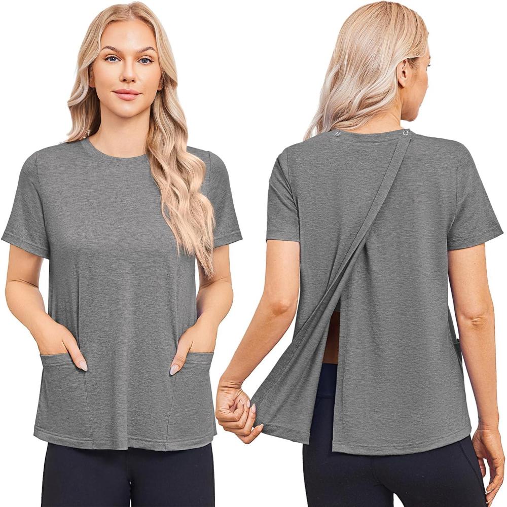 imageDeyeek Post Surgery Shirts for Women Tear Away Snap Open Back Top Hospital Shirts Short Sleeve Adaptive Clothing with PocketsGrey