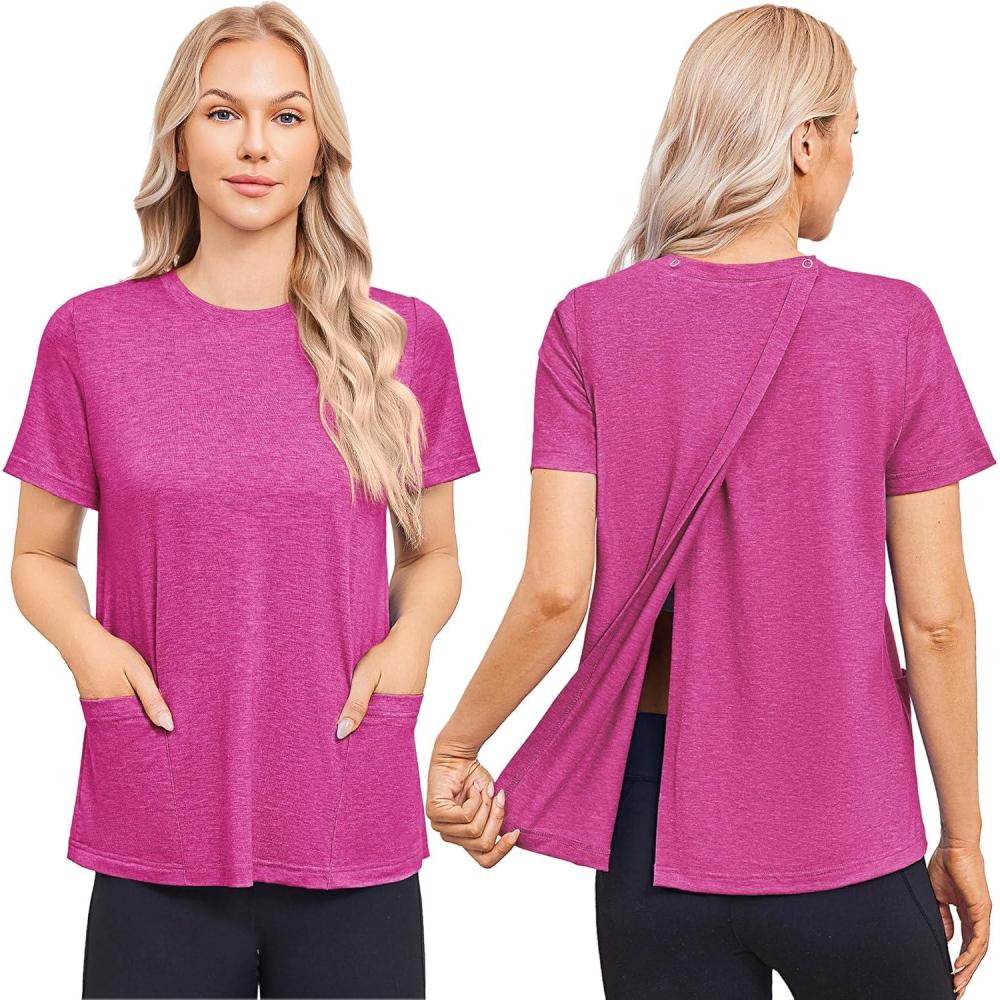 imageDeyeek Post Surgery Shirts for Women Tear Away Snap Open Back Top Hospital Shirts Short Sleeve Adaptive Clothing with PocketsRose Red