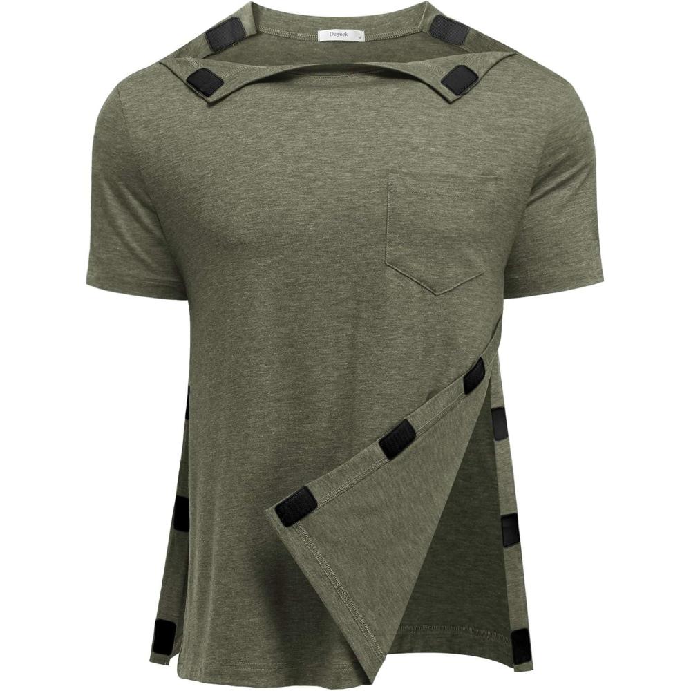 imageDeyeek Shoulder Post Surgery Recovery Shirts for Men Full Tear Away Short Sleeve T Shirt Adaptive Chemo ClothingArmy Green