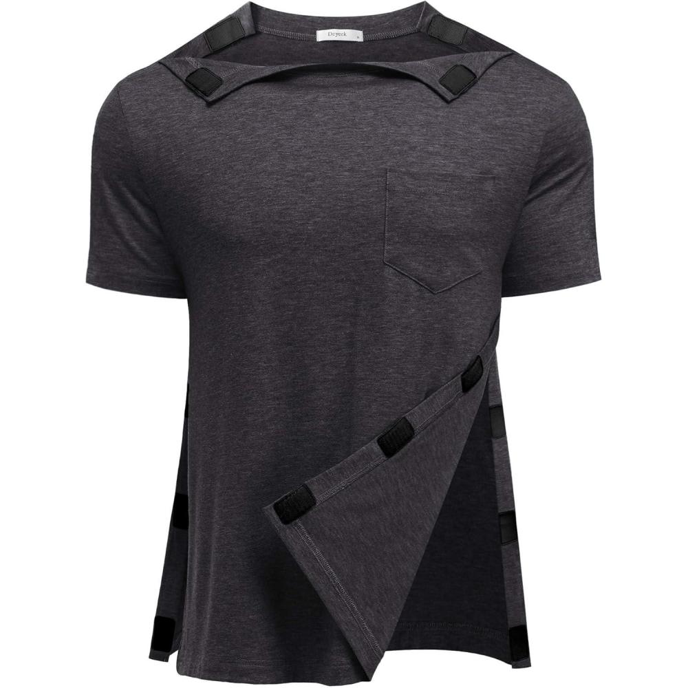 imageDeyeek Shoulder Post Surgery Recovery Shirts for Men Full Tear Away Short Sleeve T Shirt Adaptive Chemo ClothingDark Gray