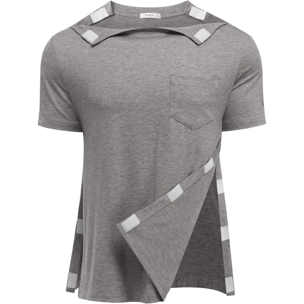 imageDeyeek Shoulder Post Surgery Recovery Shirts for Men Full Tear Away Short Sleeve T Shirt Adaptive Chemo ClothingLight Gray