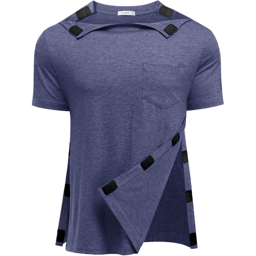 imageDeyeek Shoulder Post Surgery Recovery Shirts for Men Full Tear Away Short Sleeve T Shirt Adaptive Chemo ClothingNavy Blue