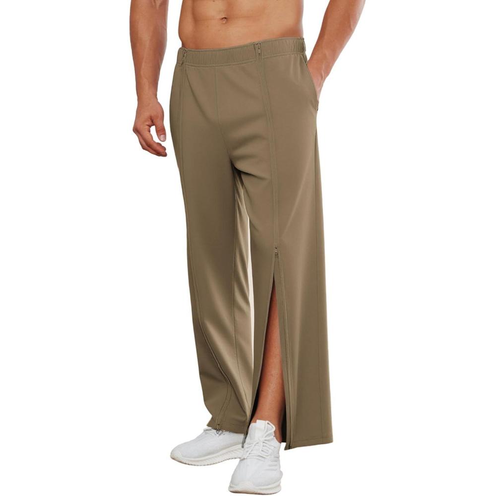 imageDeyeek Tear Away Pants for Men Full Zipper Legs Sweat Pants Mens Open Bottom Sweatpants Breakaway Cotton Post Surgery PantsKhaki
