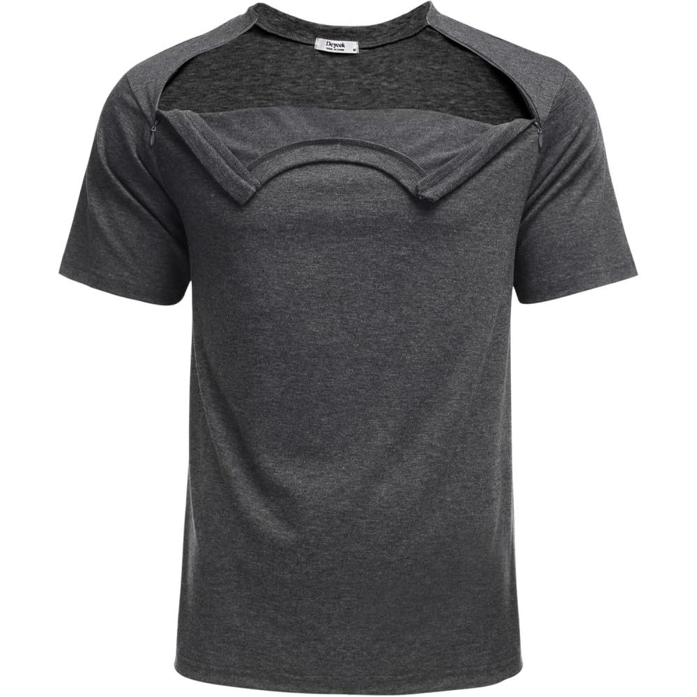 imageDeyeek Unisex Chemo Port Shirts Post Shoulder Surgery Recovery Shirts Tear Away Side Zippers Off Full Open Chemo ClothingDark Grey