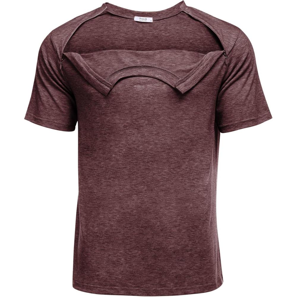 imageDeyeek Unisex Chemo Port Shirts Post Shoulder Surgery Recovery Shirts Tear Away Side Zippers Off Full Open Chemo ClothingDark Red