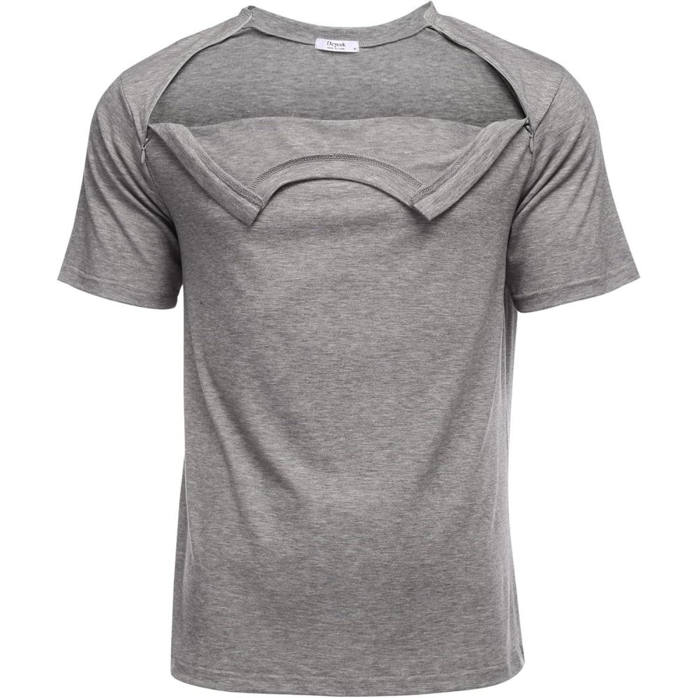 imageDeyeek Unisex Chemo Port Shirts Post Shoulder Surgery Recovery Shirts Tear Away Side Zippers Off Full Open Chemo ClothingGrey