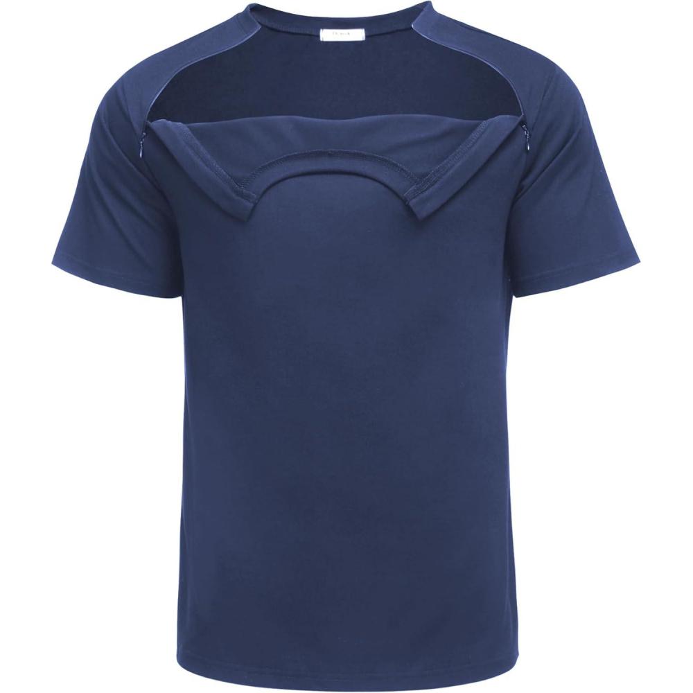 imageDeyeek Unisex Chemo Port Shirts Post Shoulder Surgery Recovery Shirts Tear Away Side Zippers Off Full Open Chemo ClothingNavy Blue