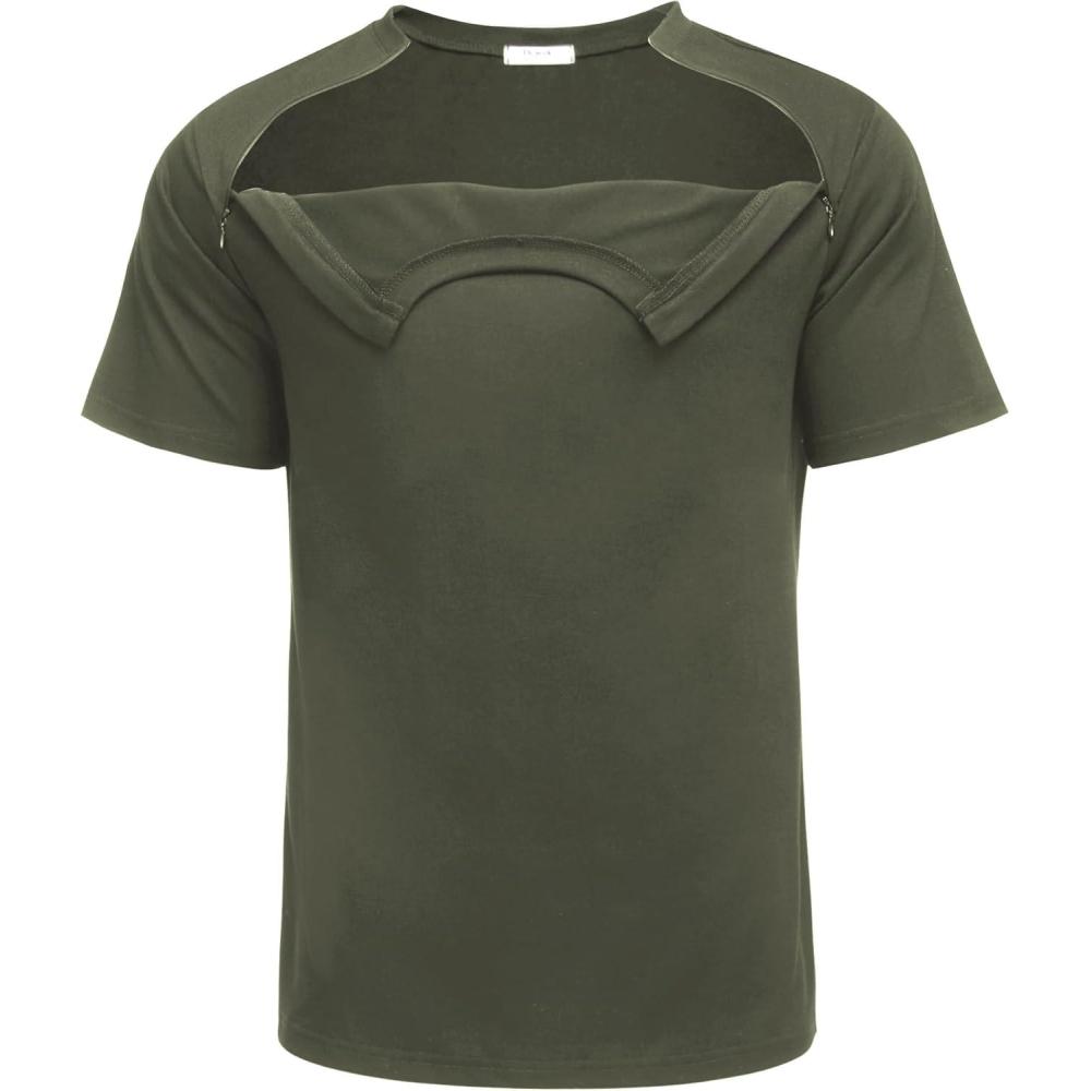 imageDeyeek Unisex Chemo Port Shirts Post Shoulder Surgery Recovery Shirts Tear Away Side Zippers Off Full Open Chemo ClothingOlive Green