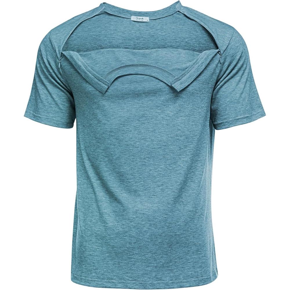 imageDeyeek Unisex Chemo Port Shirts Post Shoulder Surgery Recovery Shirts Tear Away Side Zippers Off Full Open Chemo ClothingPeacock Blue