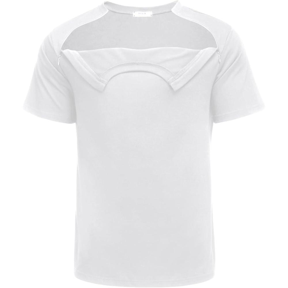 imageDeyeek Unisex Chemo Port Shirts Post Shoulder Surgery Recovery Shirts Tear Away Side Zippers Off Full Open Chemo ClothingWhite