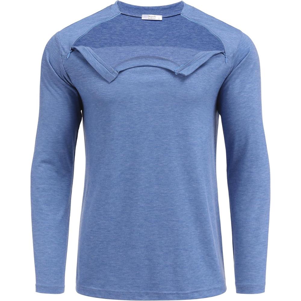 imageDeyeek Unisex Chemo Shirts for Port Access Chemotherapy Must Haves Long Sleeve Cancer Care Package for MenBlue