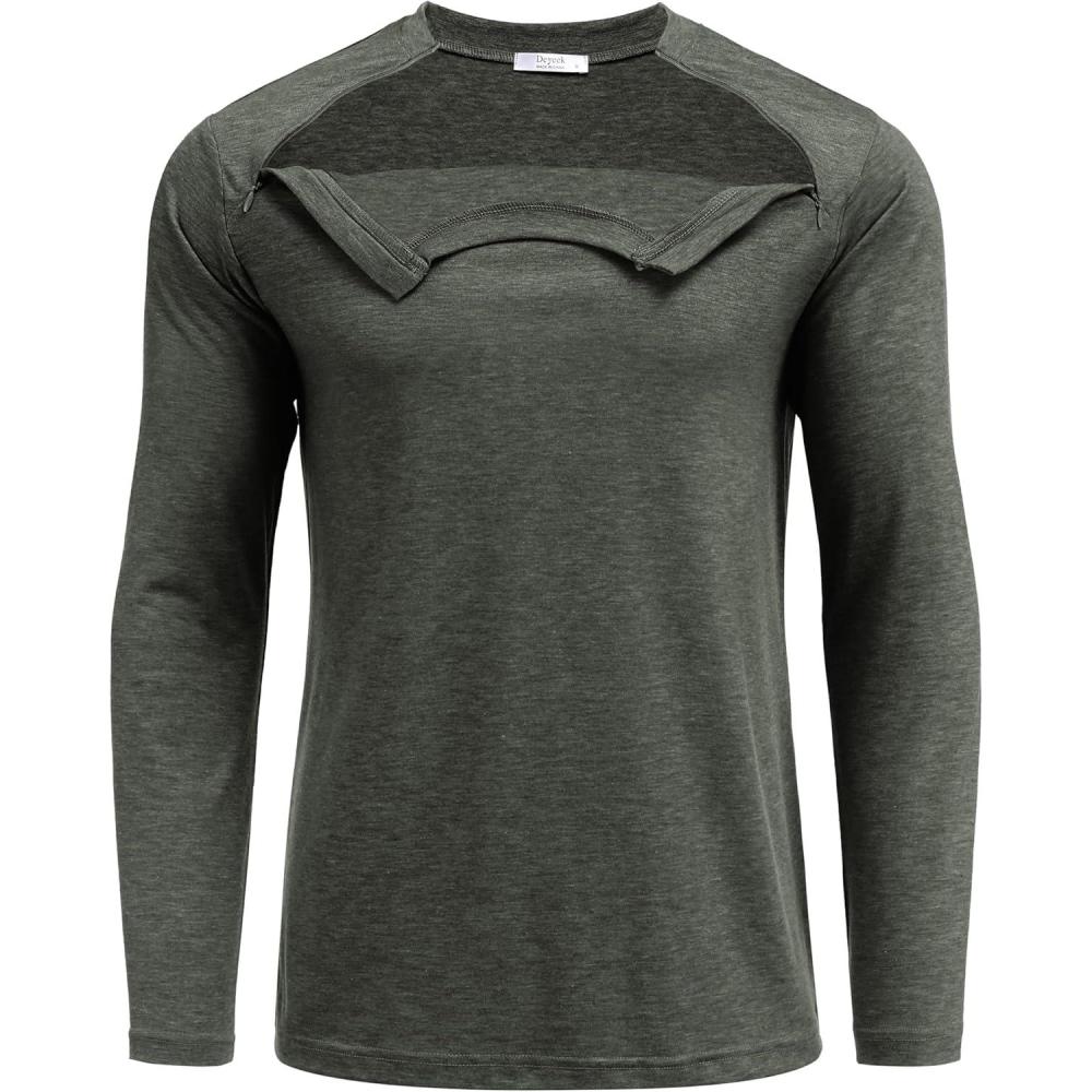 imageDeyeek Unisex Chemo Shirts for Port Access Chemotherapy Must Haves Long Sleeve Cancer Care Package for MenDark Army Green
