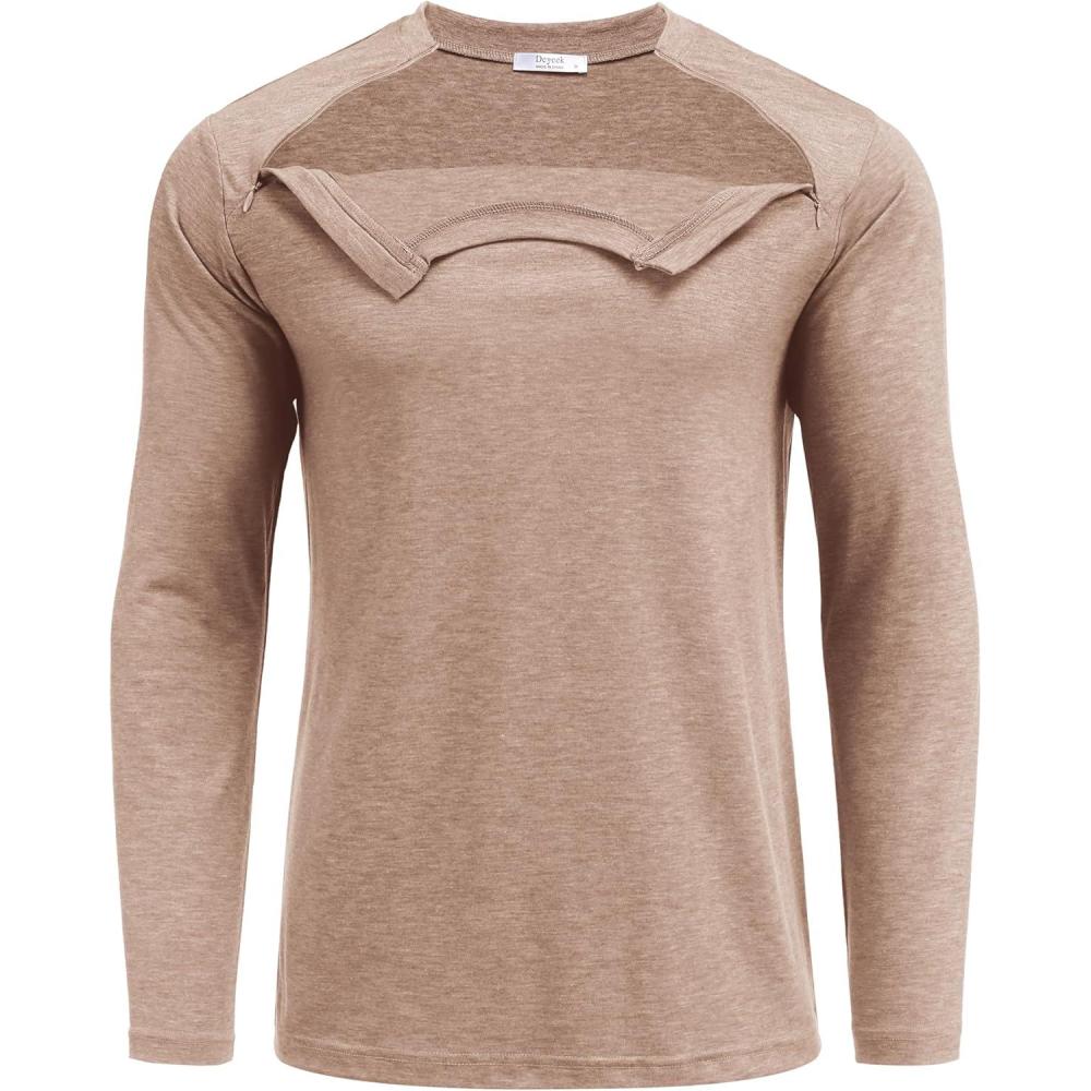 imageDeyeek Unisex Chemo Shirts for Port Access Chemotherapy Must Haves Long Sleeve Cancer Care Package for MenKhaki