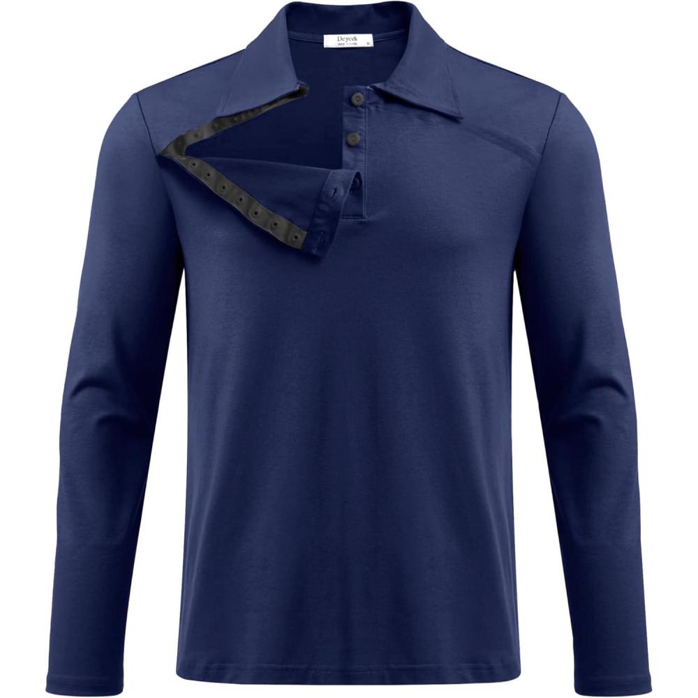 imageDeyeek Unisex Chemo Shirts for Port Access Post Shoulder Surgery Recovery Shirt Long Sleeve Tear Away Adaptive Chemo ClothingNavy Blue