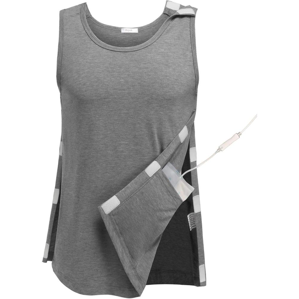 imageDeyeek Unisex Post Surgery Shirts Shoulder Mastectomy Recovery Tank Tops with Drain Pockets Adaptive Rotator Cuff Magic TapeLight Grey
