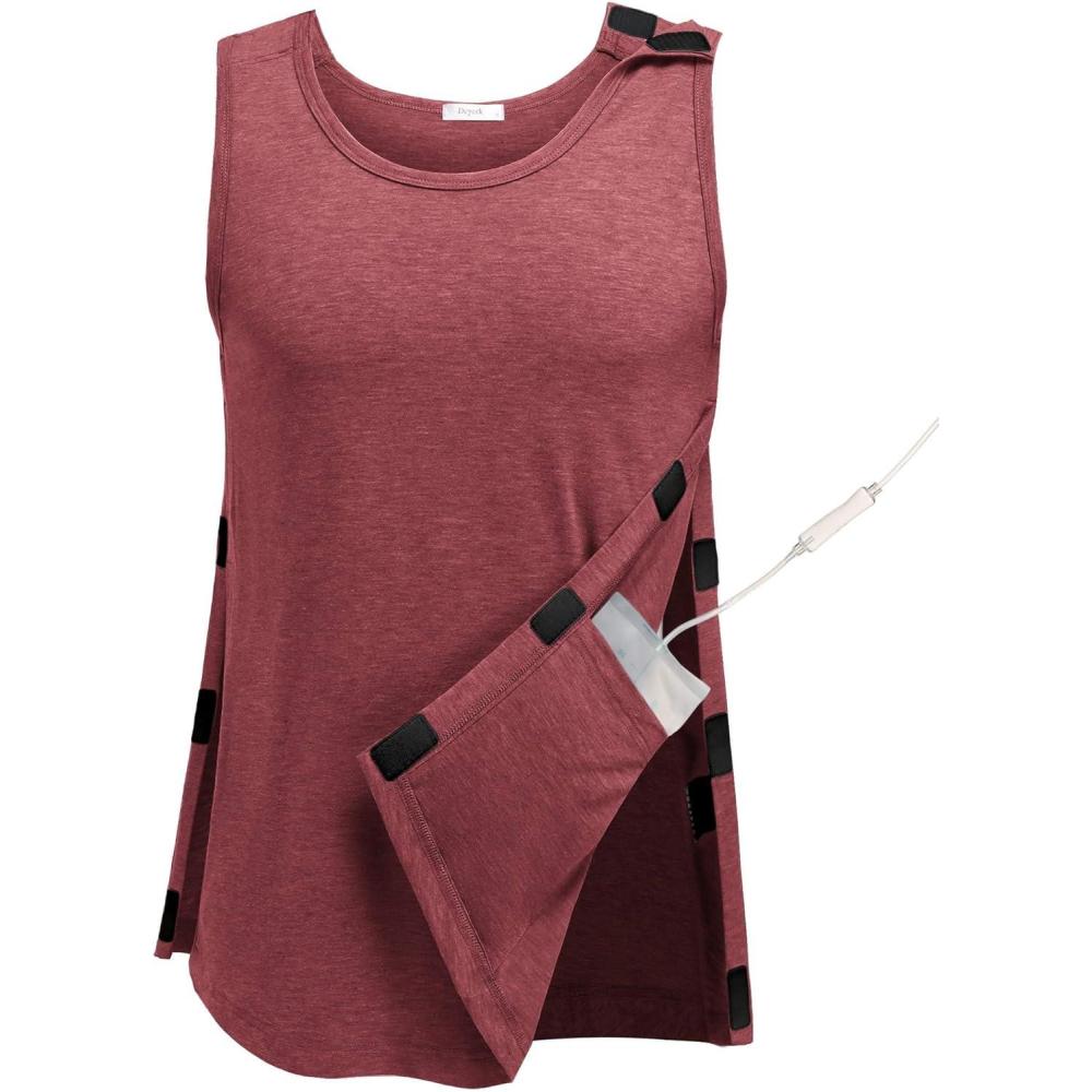 imageDeyeek Unisex Post Surgery Shirts Shoulder Mastectomy Recovery Tank Tops with Drain Pockets Adaptive Rotator Cuff Magic TapeWine Red
