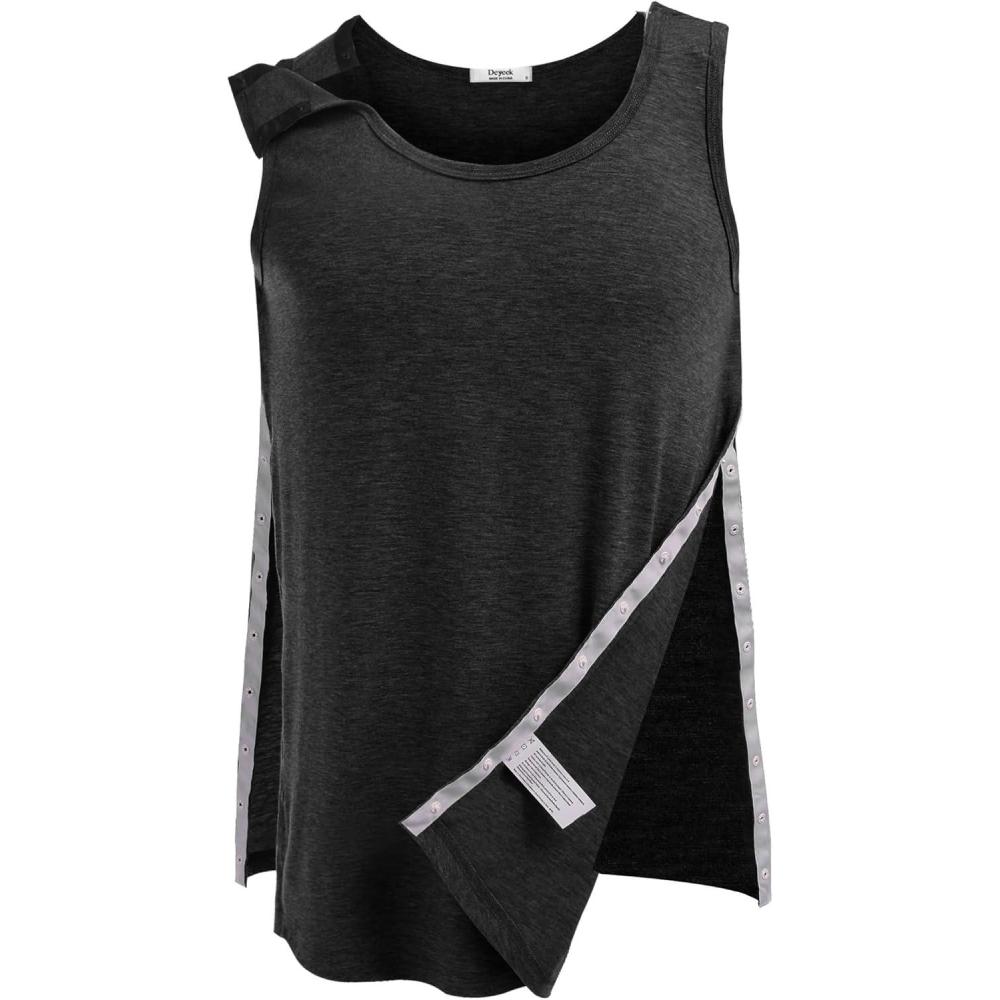 imageDeyeek Unisex Shoulder SnapAccess Tank Tops Post Surgery Shirts Tear Away Chemo Shirt Clothes After Rotator Cuff SurgeryBlack