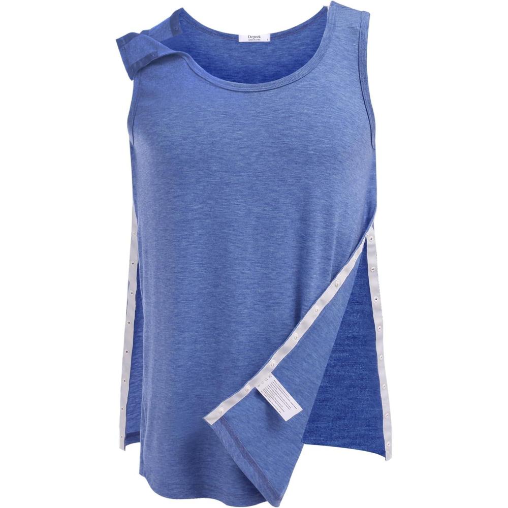imageDeyeek Unisex Shoulder SnapAccess Tank Tops Post Surgery Shirts Tear Away Chemo Shirt Clothes After Rotator Cuff SurgeryBlue