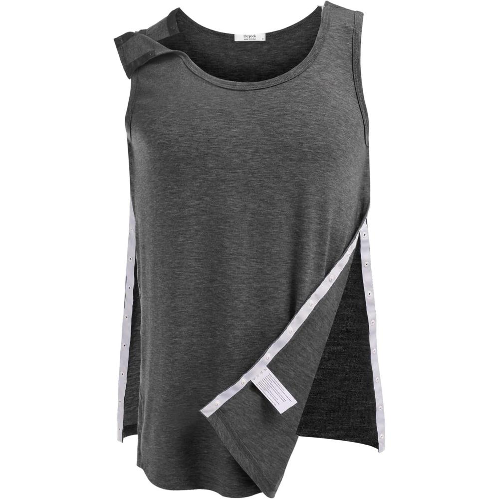 imageDeyeek Unisex Shoulder SnapAccess Tank Tops Post Surgery Shirts Tear Away Chemo Shirt Clothes After Rotator Cuff SurgeryDark Grey