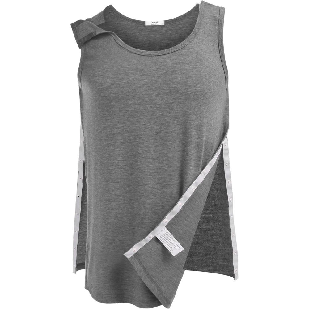 imageDeyeek Unisex Shoulder SnapAccess Tank Tops Post Surgery Shirts Tear Away Chemo Shirt Clothes After Rotator Cuff SurgeryGrey