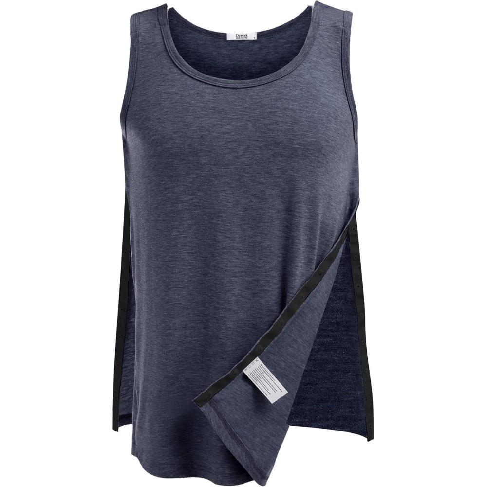 imageDeyeek Unisex Shoulder SnapAccess Tank Tops Post Surgery Shirts Tear Away Chemo Shirt Clothes After Rotator Cuff SurgeryNavy Blue