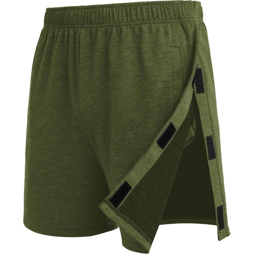 imageDeyeek Unisex Tear Away Shorts Snap On Athletic Cotton Shorts Post Knee Surgery Recovery Hip Replacement Pants with PocketsArmy Green