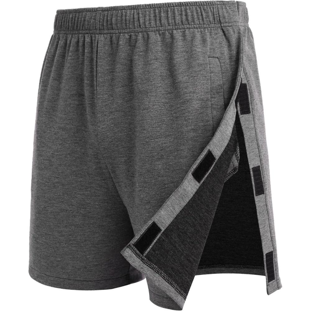 imageDeyeek Unisex Tear Away Shorts Snap On Athletic Cotton Shorts Post Knee Surgery Recovery Hip Replacement Pants with PocketsDark Grey